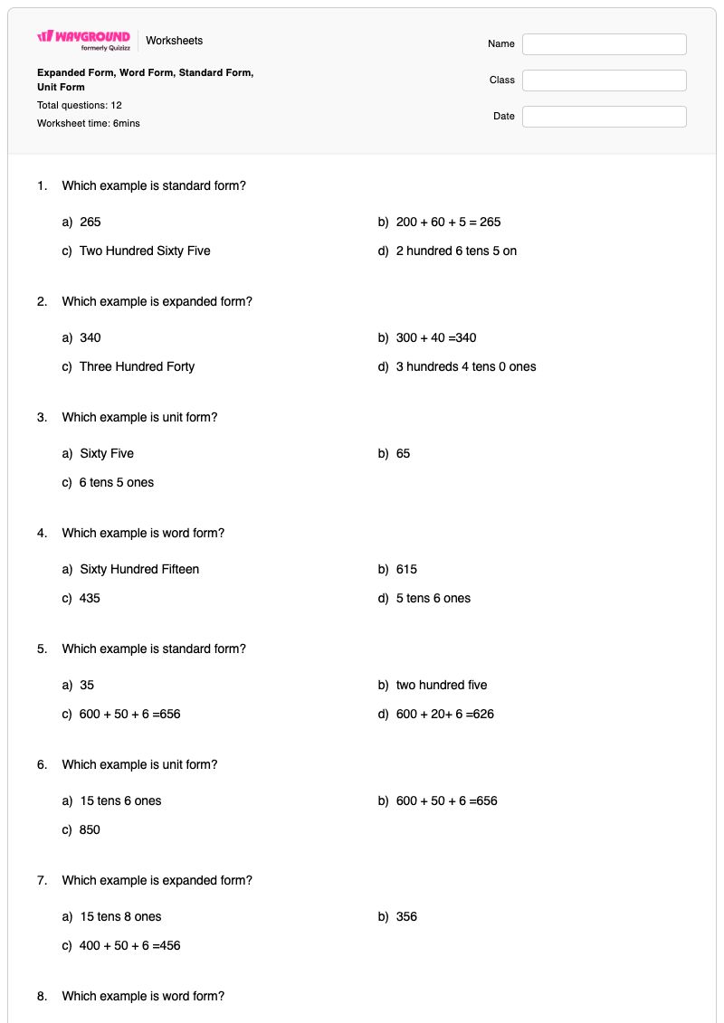 Expanded Form, Word Form, Standard Form, Unit Form - พิมพ์ได้ รูปแบบคำ เวิร์กชีท - Wayground