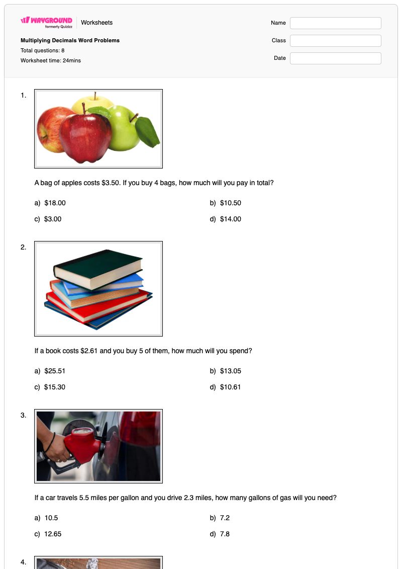Multiplying Decimals Word Problems - พิมพ์ได้ Decimal-word-problems เวิร์กชีท - Wayground