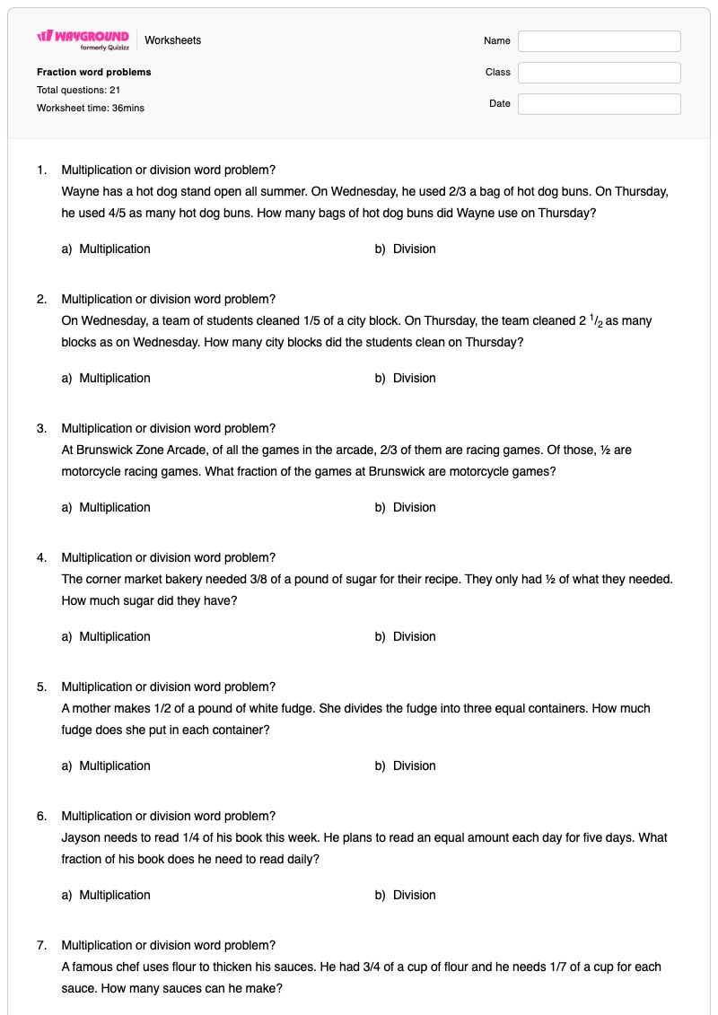 Fraction word problems - พิมพ์ได้ โจทย์ปัญหาเกี่ยวกับเศษส่วน เวิร์กชีท ระดับ 5 - Wayground