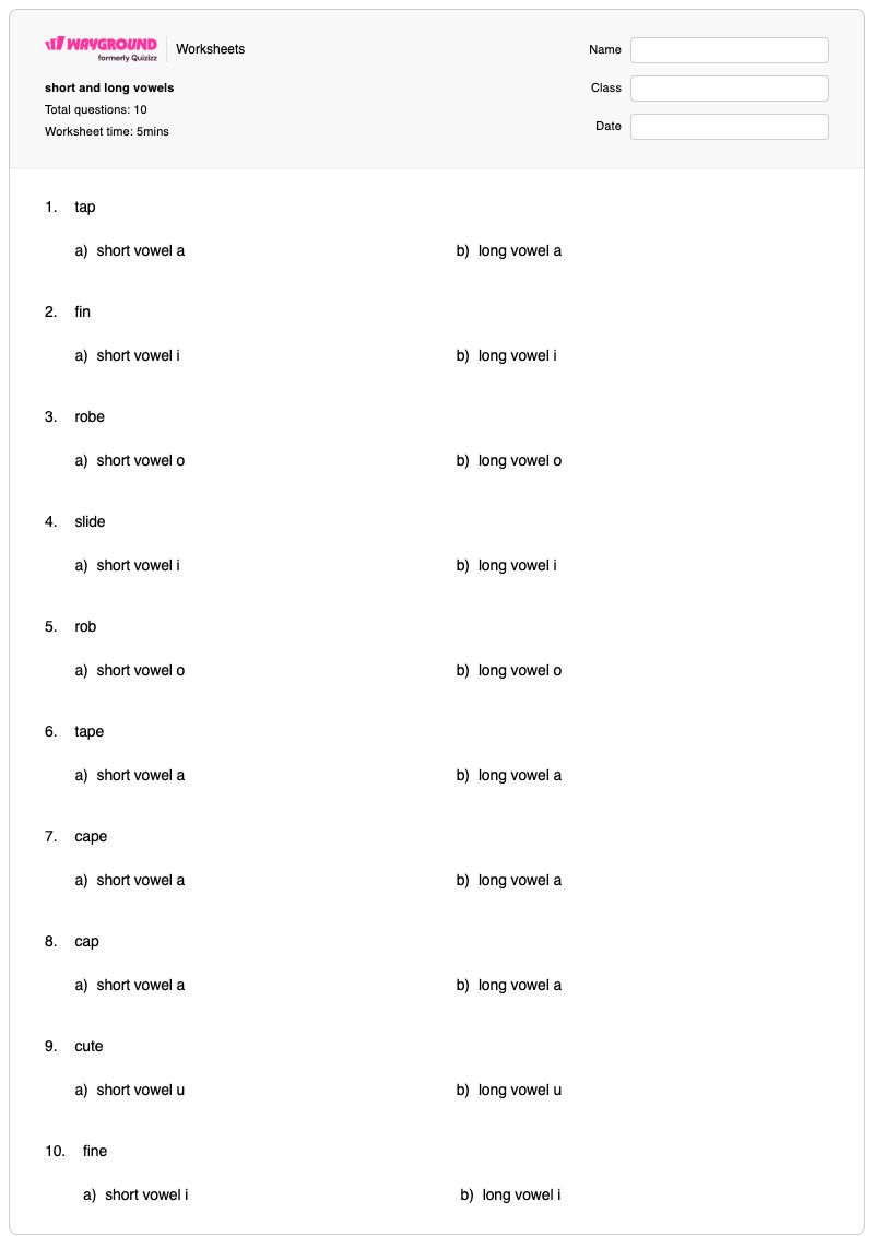 short and long vowels - Printable Long-vowels Worksheets Kindergarten - Wayground