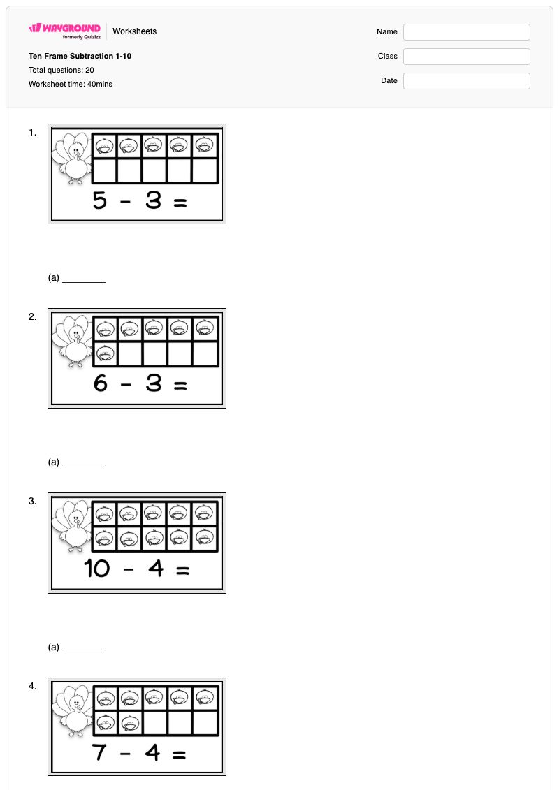 Ten Frame Subtraction 1-10  - พิมพ์ได้ การลบและกรอบสิบช่อง เวิร์กชีท ระดับ 1 - Wayground