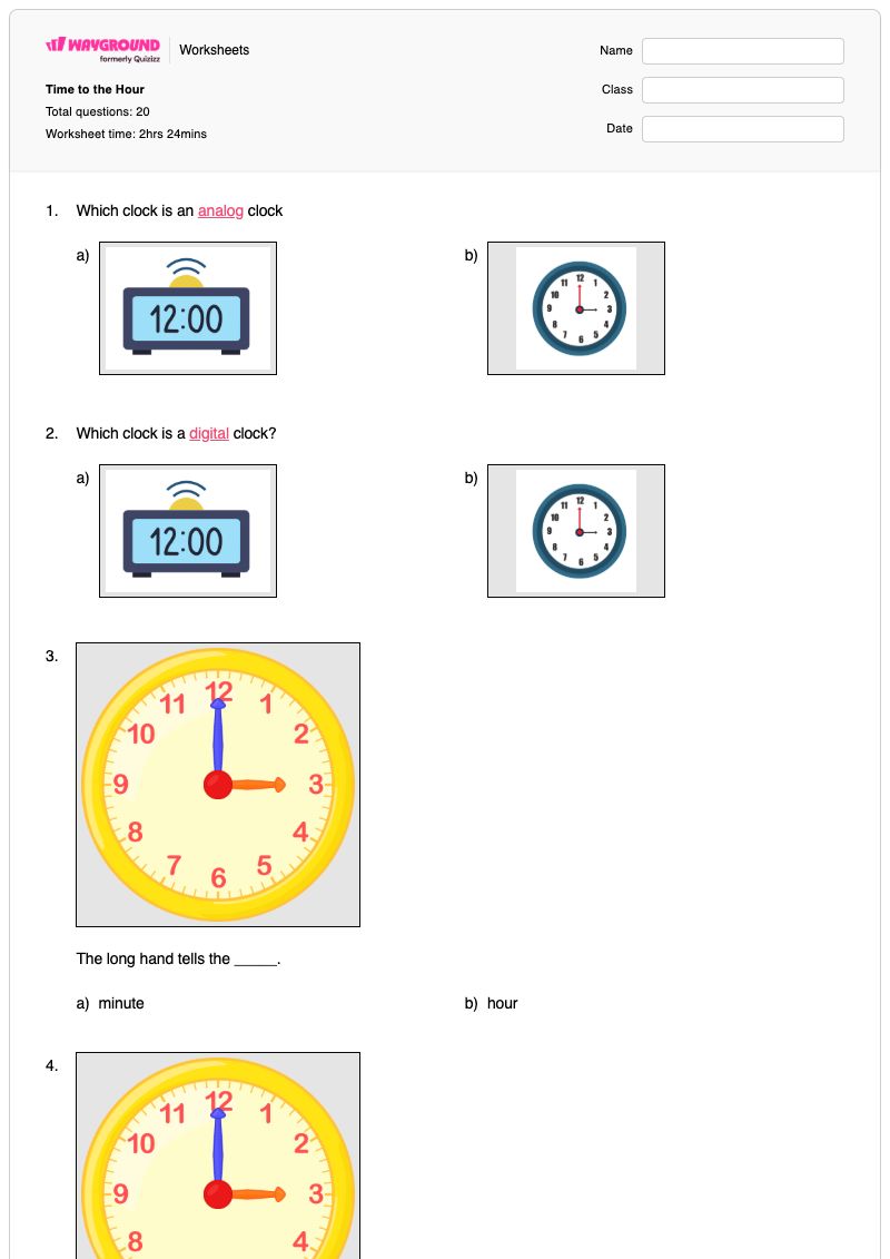 Time to the Hour  - Printable Reading-an-analog-clock Worksheets Year 1 - Wayground