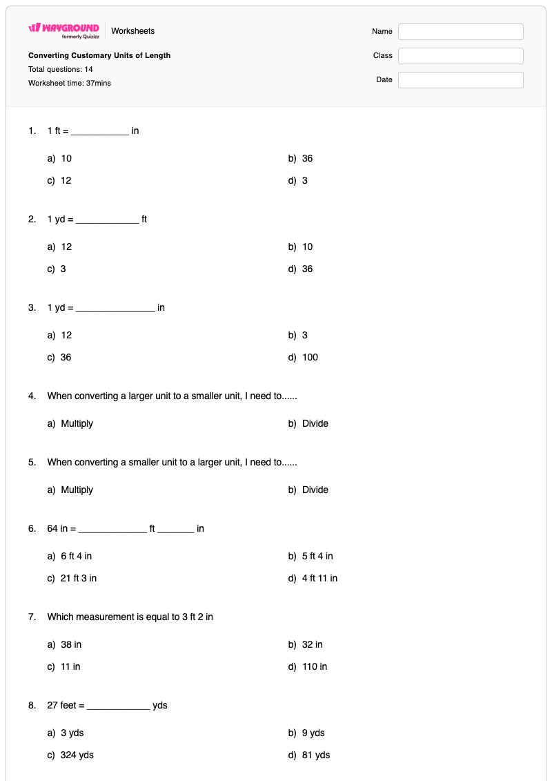 Converting Customary Units of Length - พิมพ์ได้ การแปลงหน่วยวัดแบบดั้งเดิม เวิร์กชีท - Wayground