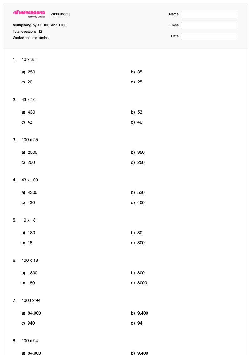Multiplying by 10, 100, and 1000 - Printable Multiplying-by-10 Worksheets Kindergarten - Wayground
