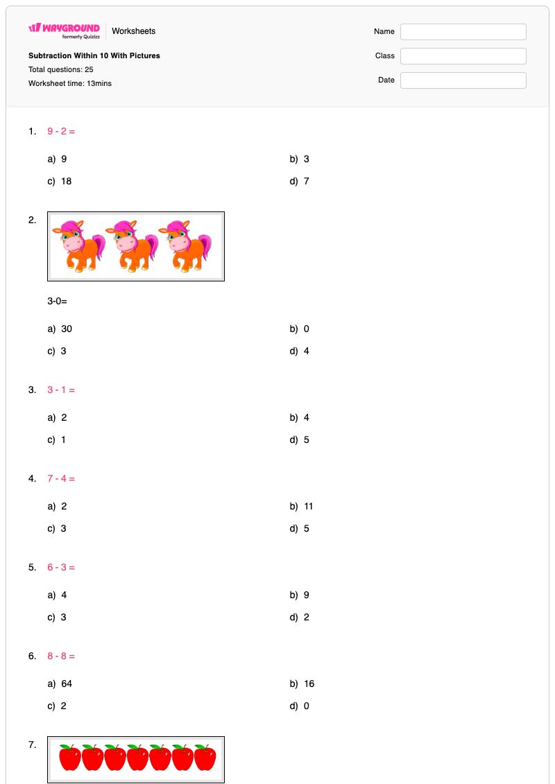 Subtraction Within 10 With Pictures - Printable Subtraction-within-10 Worksheets Year 2 - Wayground