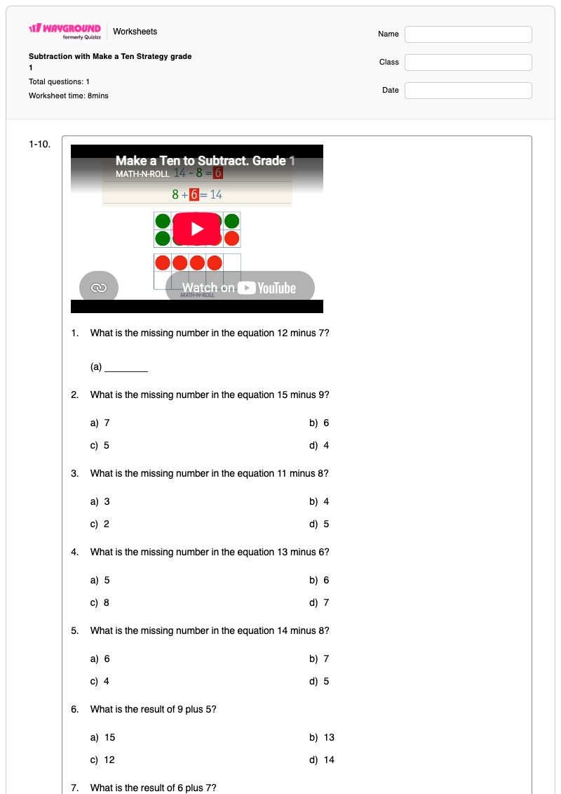 Subtraction with Make a Ten Strategy grade 1 - Printable Ways-to-make-5 Worksheets Grade 1 - Wayground