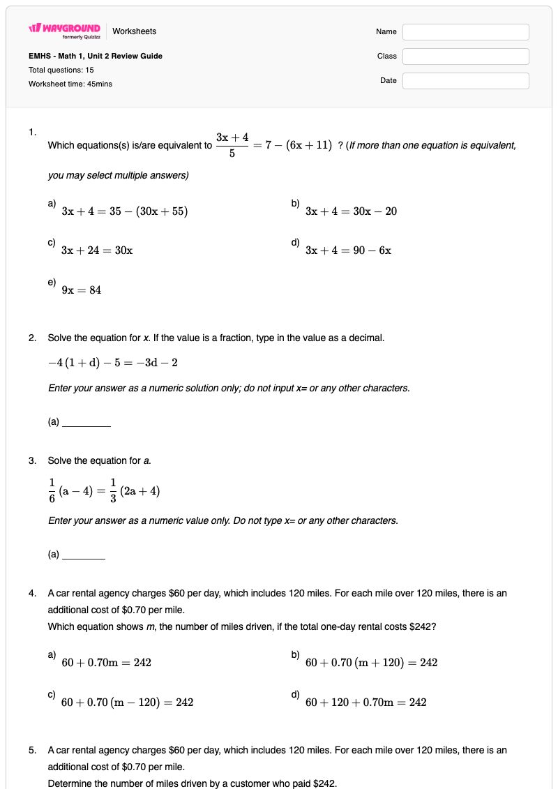 EMHS - Math 1, Unit 2 Review Guide - Nadający się do druku Planowanie-budżetu Karty-pracy Klasa 9 - Wayground