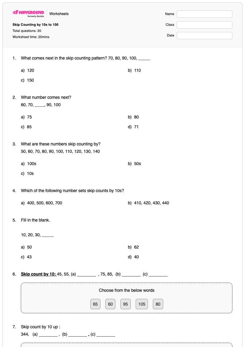 Skip Counting by 10s to 100 - Printable Counting-by-100s Worksheets Year 2 - Wayground