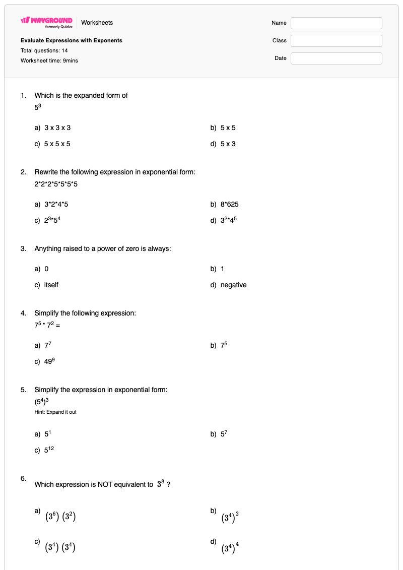 Evaluate Expressions with Exponents - พิมพ์ได้ การประเมินนิพจน์ เวิร์กชีท - Wayground