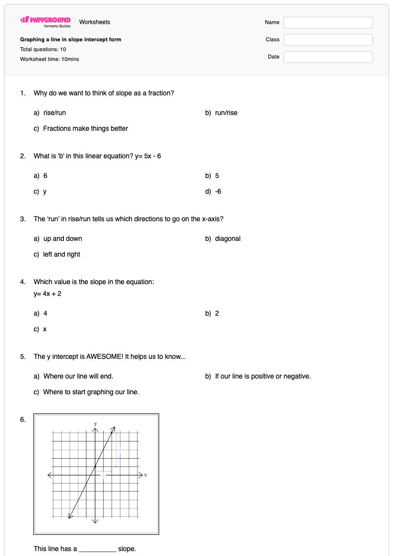 Graphing a line in slope intercept form - พิมพ์ได้ รูปแบบความชัน-จุดตัดแกน เวิร์กชีท - Wayground