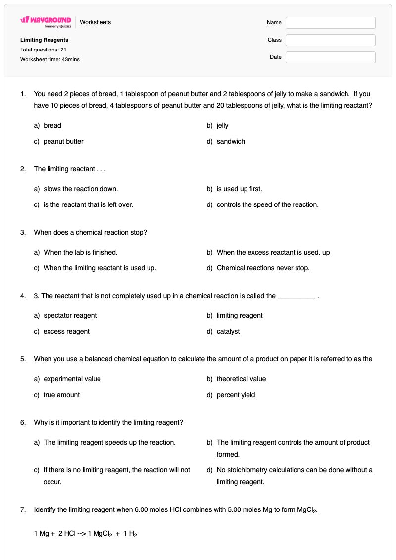 Limiting Reagents - พิมพ์ได้ สารตั้งต้นจำกัด เวิร์กชีท ระดับ 11 - Wayground