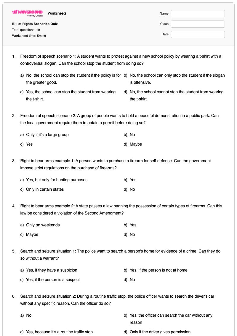 Bill of Rights Scenarios Quiz - Printable Bill-of-rights Worksheets - Wayground
