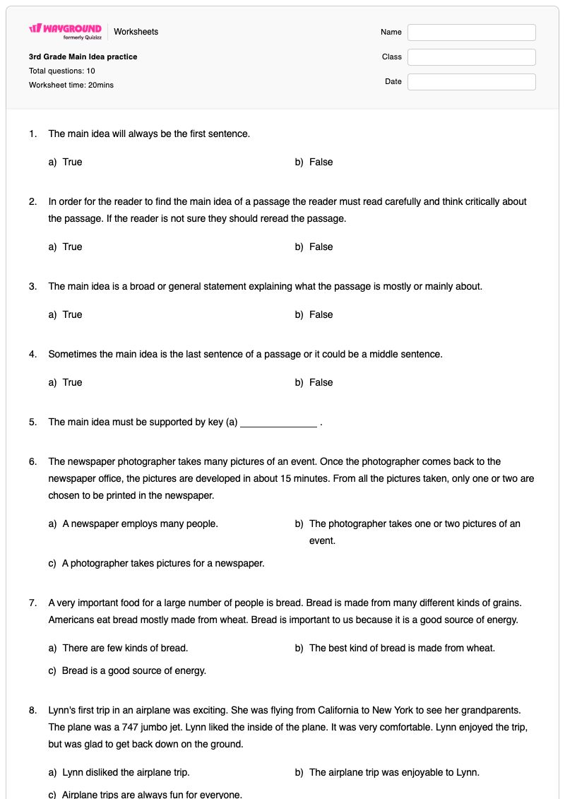 3rd Grade Main Idea practice - Printable Identifying-the-main-idea Worksheets Year 3 - Wayground