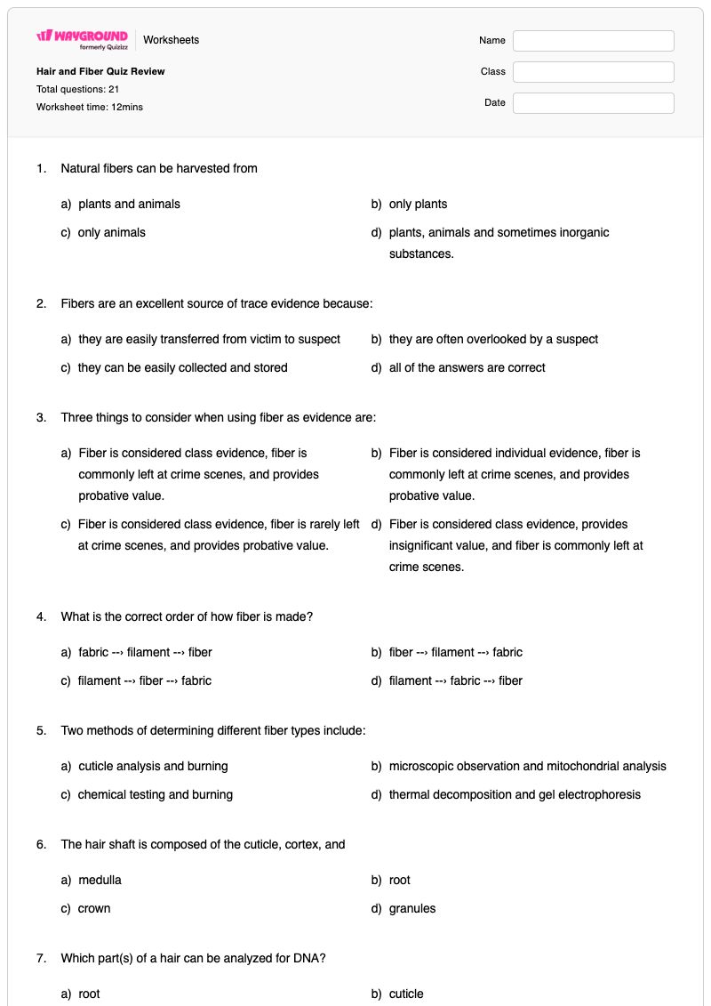 Hair and Fiber Quiz Review - พิมพ์ได้ Hair-analysis เวิร์กชีท - Wayground