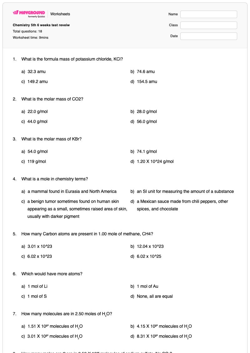 Chemistry 5th 6 weeks test reveiw - พิมพ์ได้ สูตรเชิงประจักษ์และโมเลกุล เวิร์กชีท - Wayground