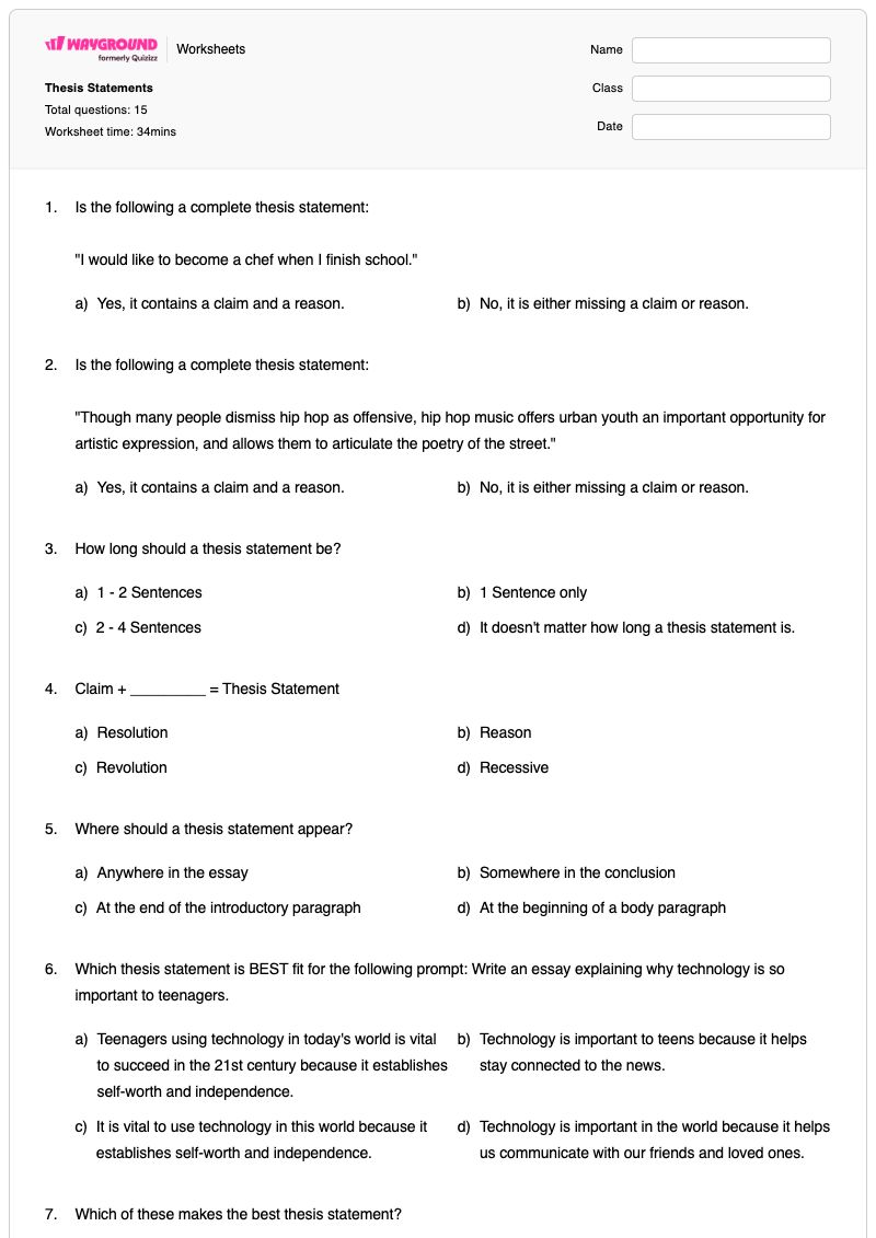 Thesis Statements - พิมพ์ได้ คำชี้แจงวิทยานิพนธ์ เวิร์กชีท ระดับ 8 - Wayground