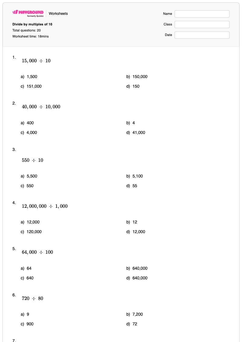 Divide by multiples of 10 - Printable Multiples-of-10 Worksheets - Wayground