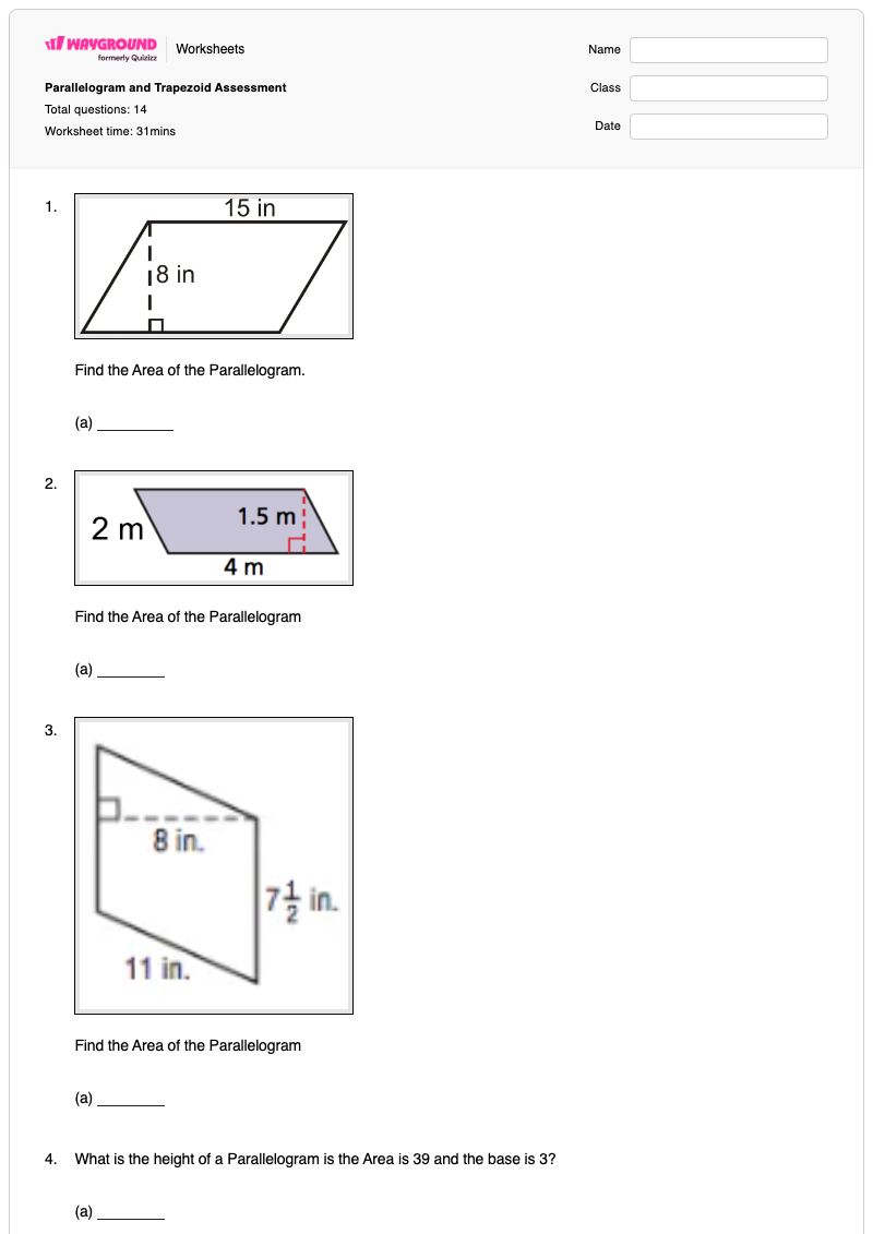 Parallelogram and Trapezoid Assessment - Printable Area-of-a-trapezoid Worksheets - Wayground