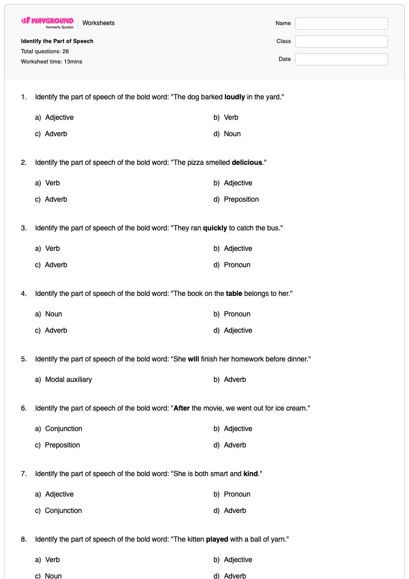 Identify the Part of Speech - พิมพ์ได้ ส่วนประกอบของคำพูด เวิร์กชีท - Wayground