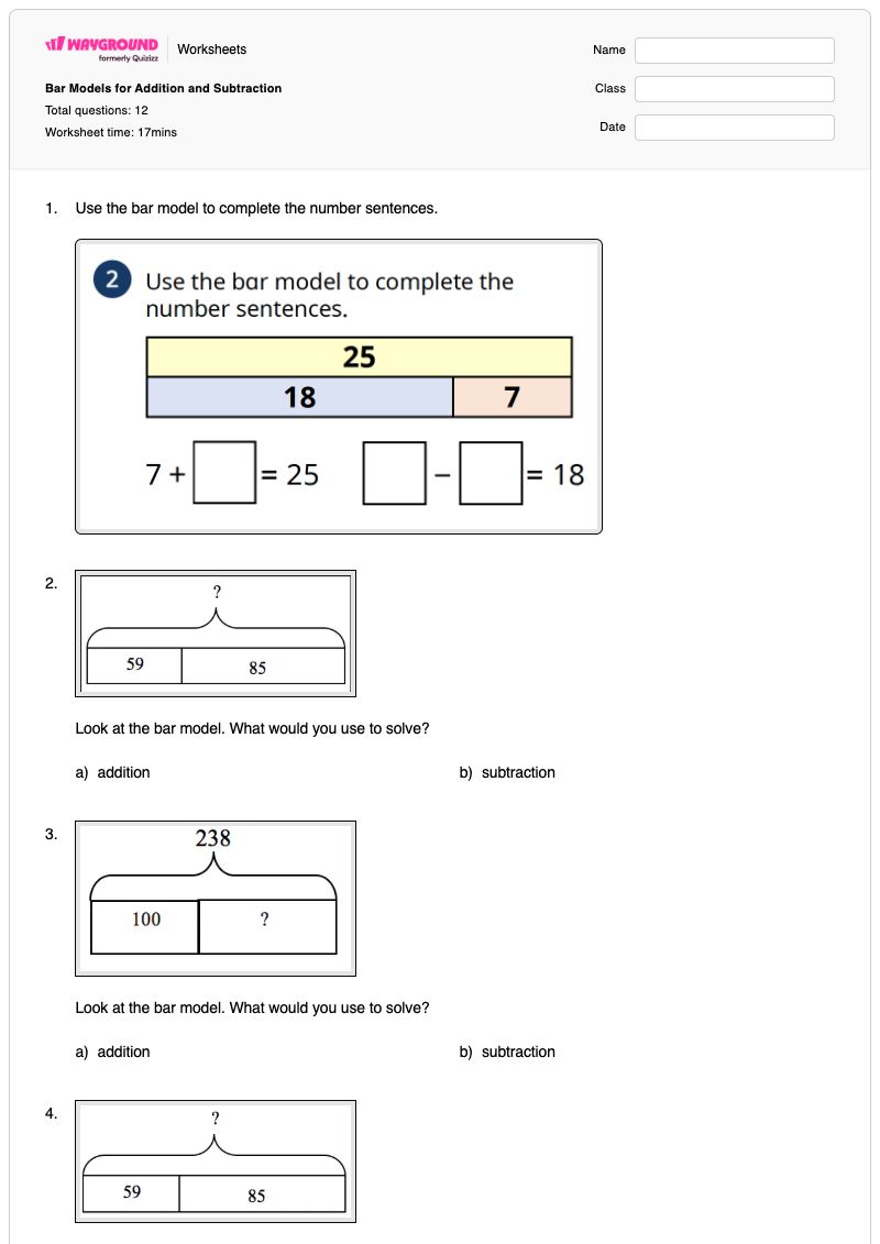 Bar Models for Addition and Subtraction - พิมพ์ได้ แบบจำลองเศษส่วน เวิร์กชีท ระดับ 1 - Wayground