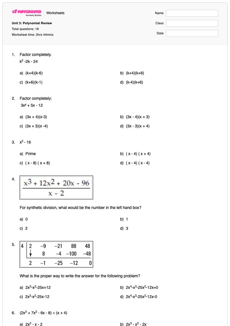 Unit 3: Polynomial Review - Printable End-behavior-of-polynomials Worksheets - Wayground