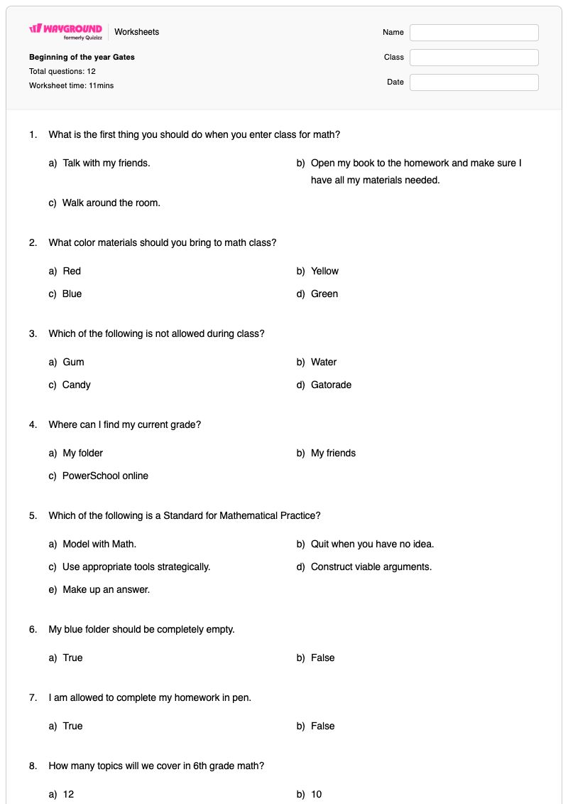 Beginning of the year Gates - Printable Class 5 Worksheets - Wayground