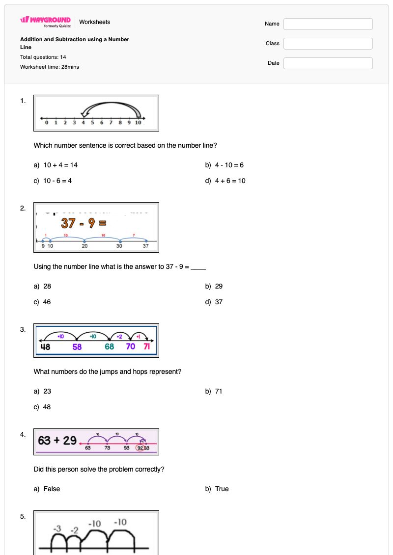 Addition and Subtraction using a Number Line - พิมพ์ได้ การบวกบนเส้นจำนวน เวิร์กชีท ระดับ 2 - Wayground