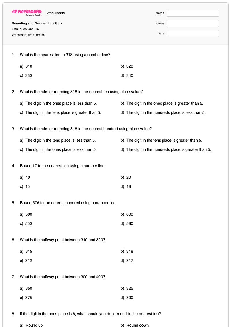 Rounding and Number Line Quiz - พิมพ์ได้ Rounding-numbers เวิร์กชีท - Wayground