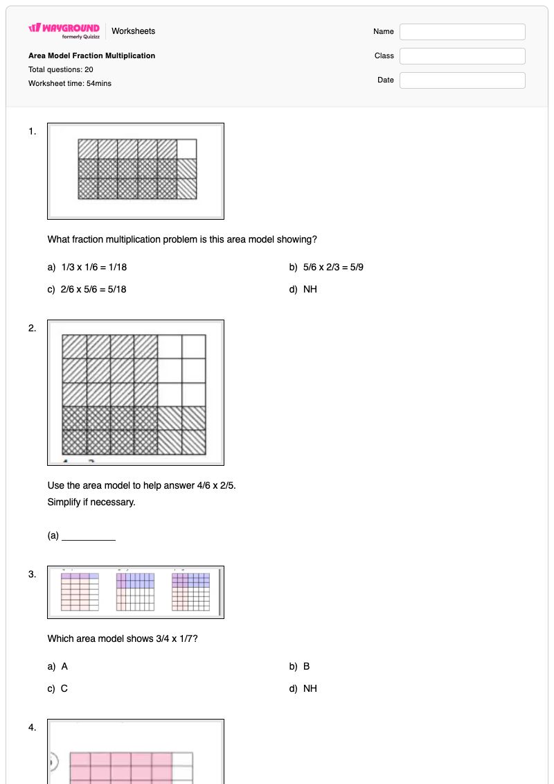 Area Model Fraction Multiplication - พิมพ์ได้ แบบจำลองการคูณและพื้นที่ เวิร์กชีท - Wayground