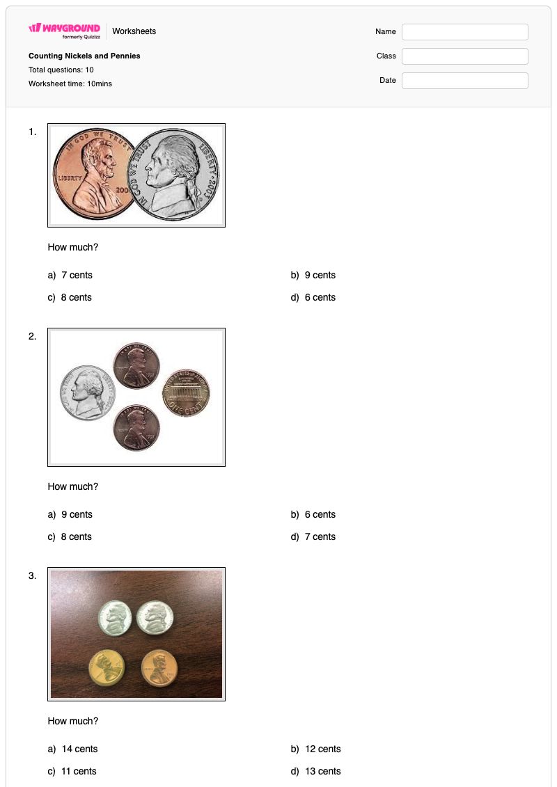Counting Nickels and Pennies - Printable Pennies Worksheets Year 1 - Wayground