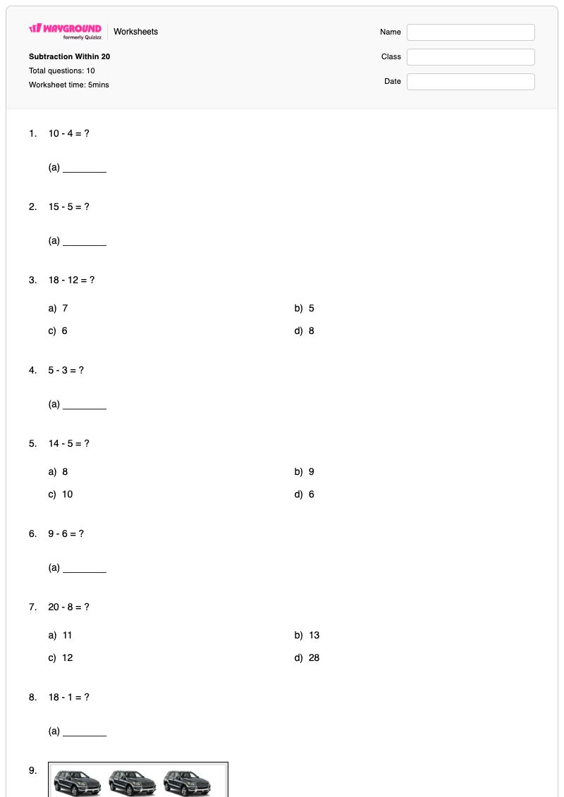 Subtraction Within 20 - Printable Subtraction Worksheets - Wayground