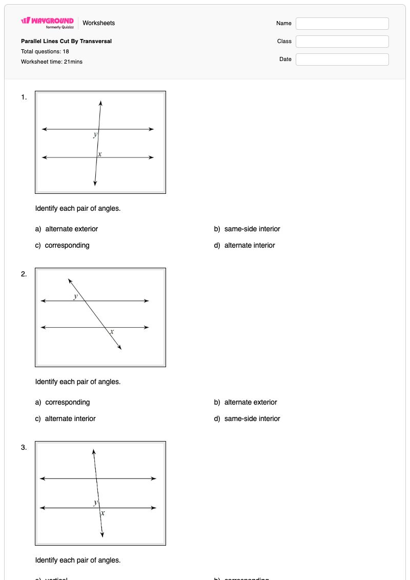 Parallel Lines Cut By Transversal - พิมพ์ได้ เส้นตัดขวางของเส้นขนาน เวิร์กชีท - Wayground