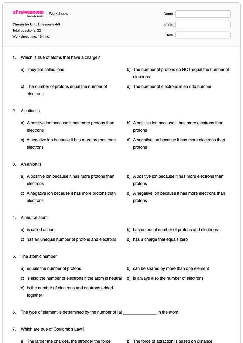 Chemistry Unit 2, lessons 4-5 - Printable Chemistry Worksheets - Wayground