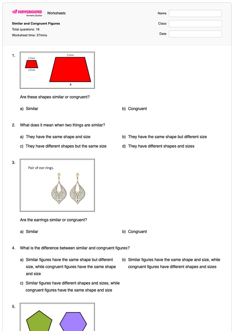 Similar and Congruent Figures - พิมพ์ได้ รูปทรงที่เท่ากัน เวิร์กชีท - Wayground