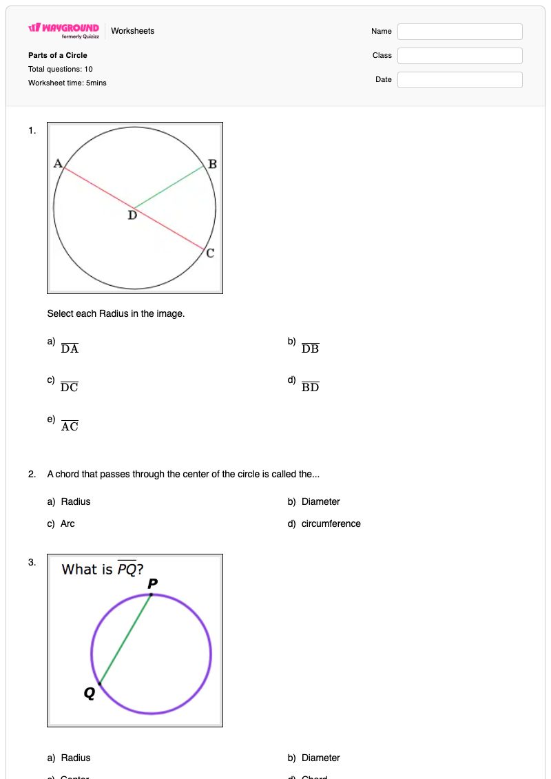 Parts of a Circle - พิมพ์ได้ ส่วนต่างๆ-ของวงกลม เวิร์กชีท ระดับ 9 - Wayground