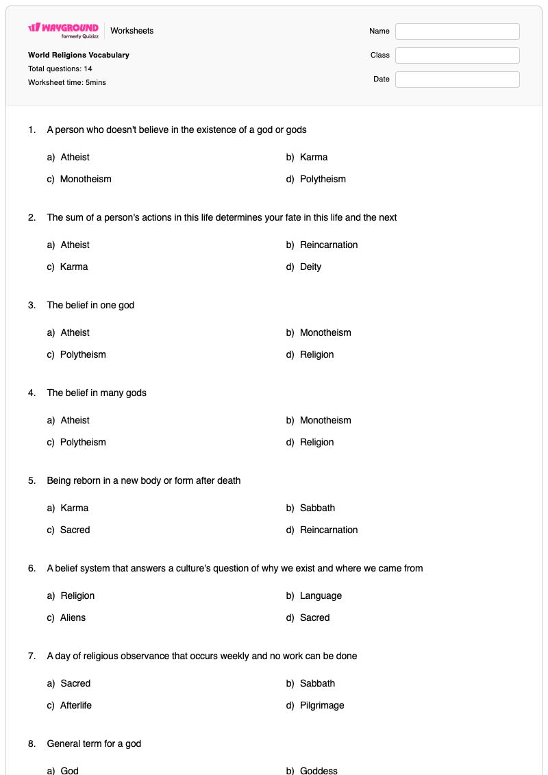 World Religions Vocabulary - พิมพ์ได้ Diffusion เวิร์กชีท - Wayground