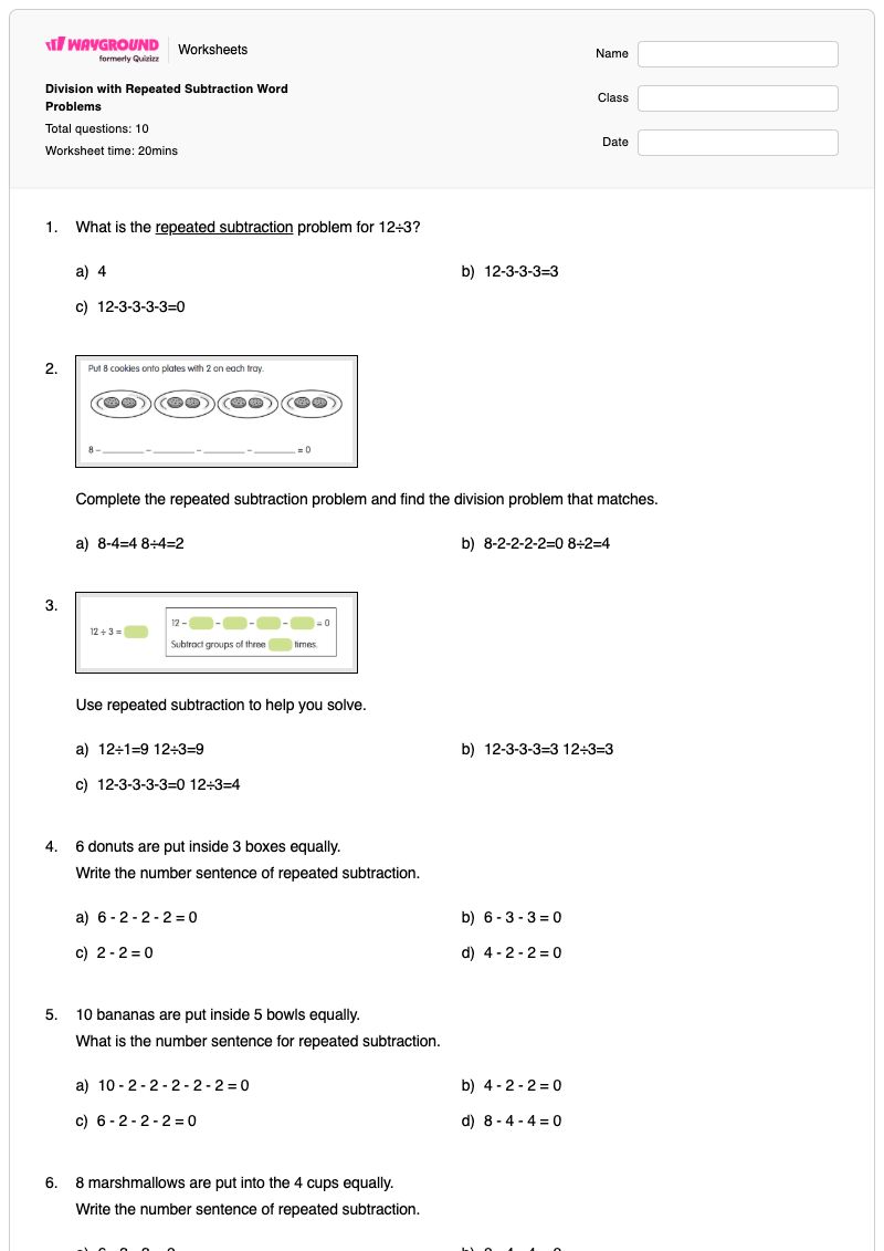 Division with Repeated Subtraction Word Problems - Printable Repeated-subtraction Worksheets Year 3 - Wayground