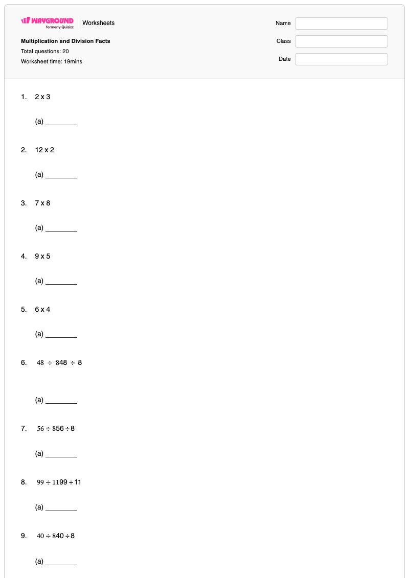 Multiplication and Division Facts - Printable Division-facts Worksheets Year 4 - Wayground