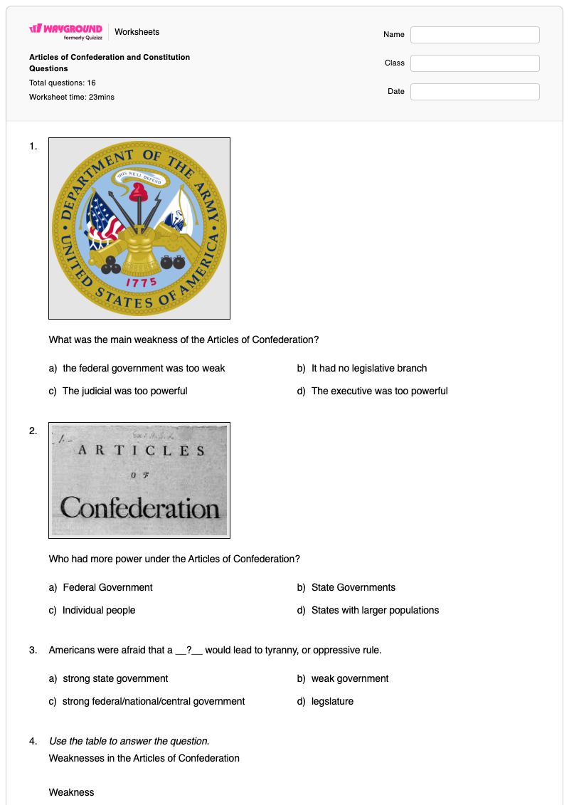 Articles of Confederation and Constitution Questions - พิมพ์ได้ บทความแห่งสมาพันธรัฐ เวิร์กชีท - Wayground