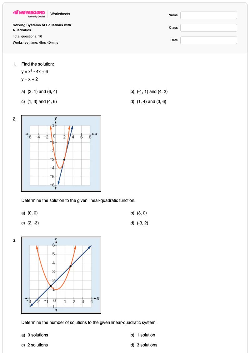 Solving Systems of Equations with Quadratics - Printable Systems-of-equations Worksheets - Wayground