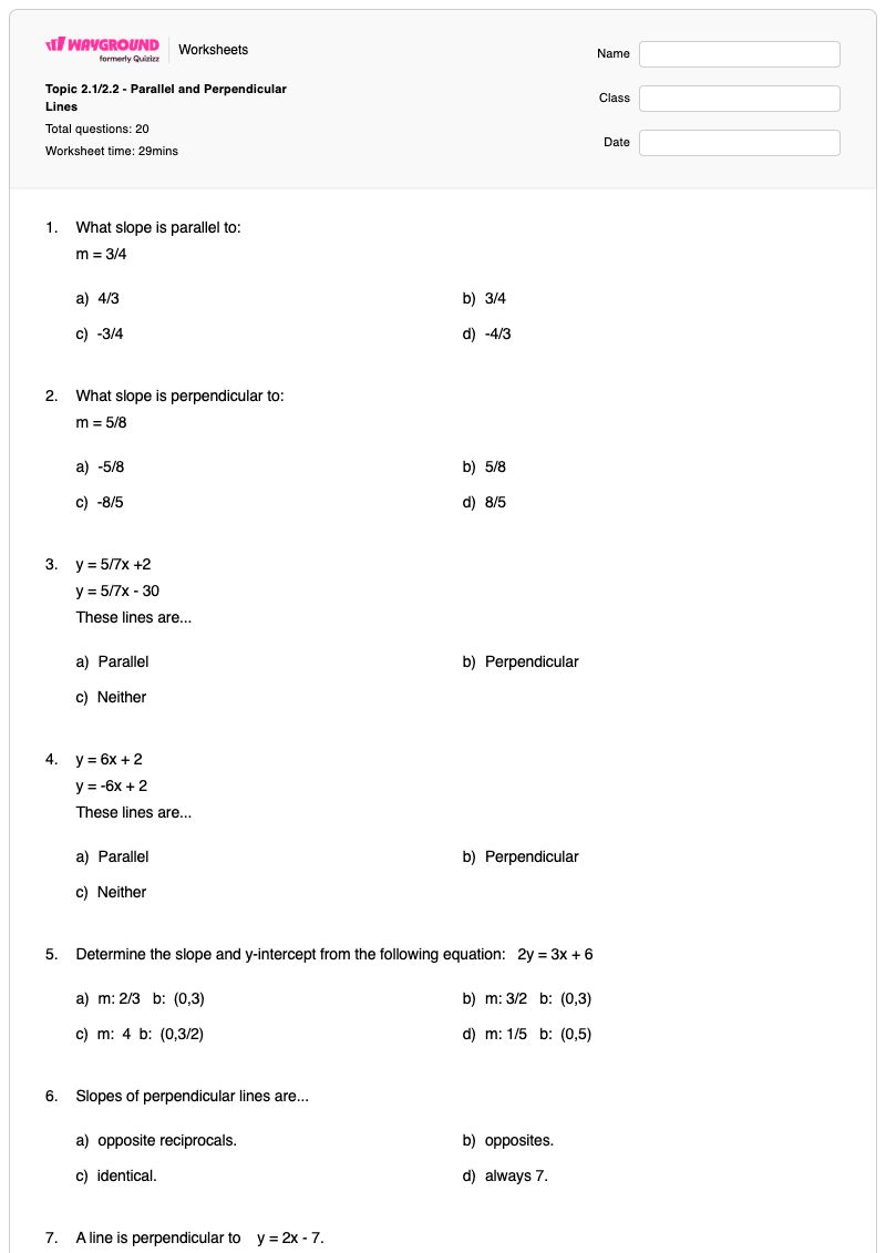 Topic 2.1/2.2 - Parallel and Perpendicular Lines - พิมพ์ได้ เส้นขนานและเส้นตั้งฉาก เวิร์กชีท - Wayground
