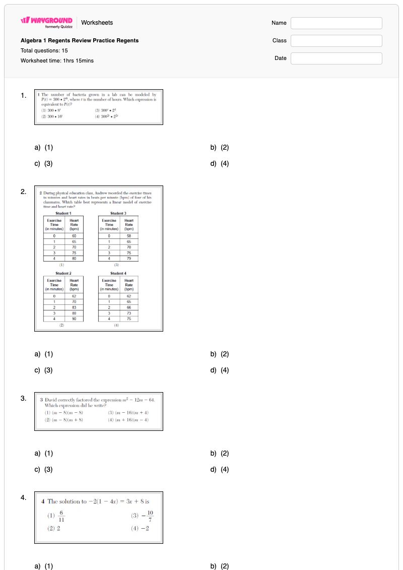 Algebra 1 Regents Review Practice Regents - Printable Algebra Worksheets - Wayground