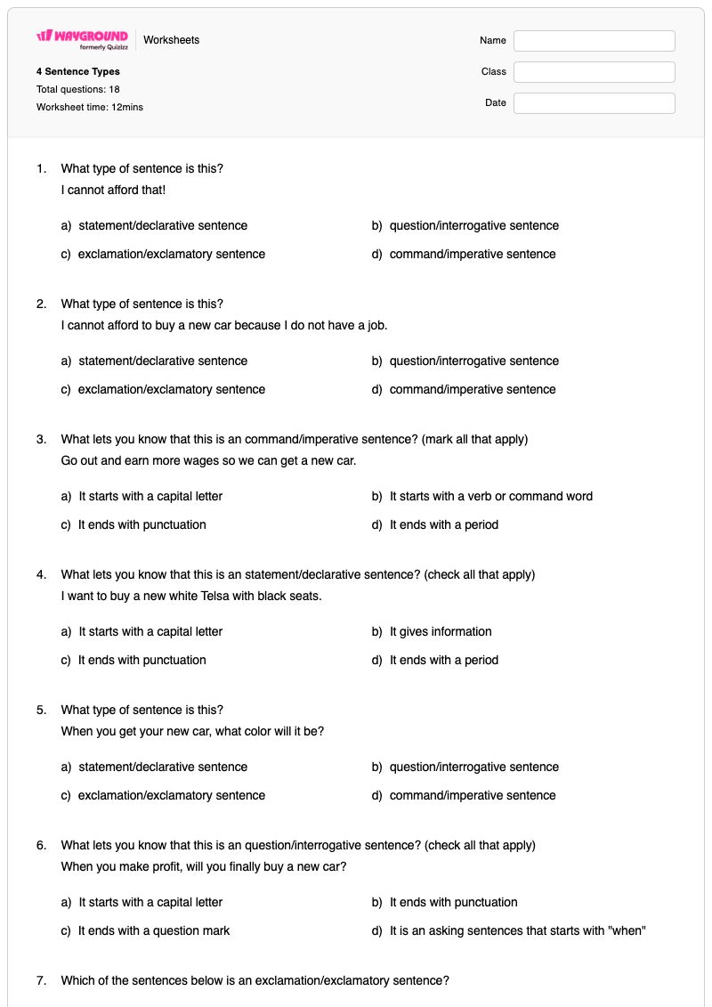 4 Sentence Types - Printable Sentence-variety Worksheets Grade 4 - Wayground