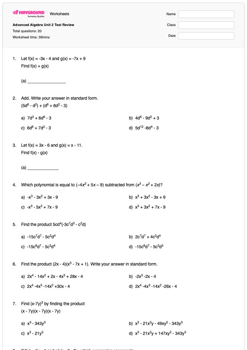 Advanced Algebra Unit 2 Test Review - พิมพ์ได้ การดำเนินการพหุนาม เวิร์กชีท - Wayground