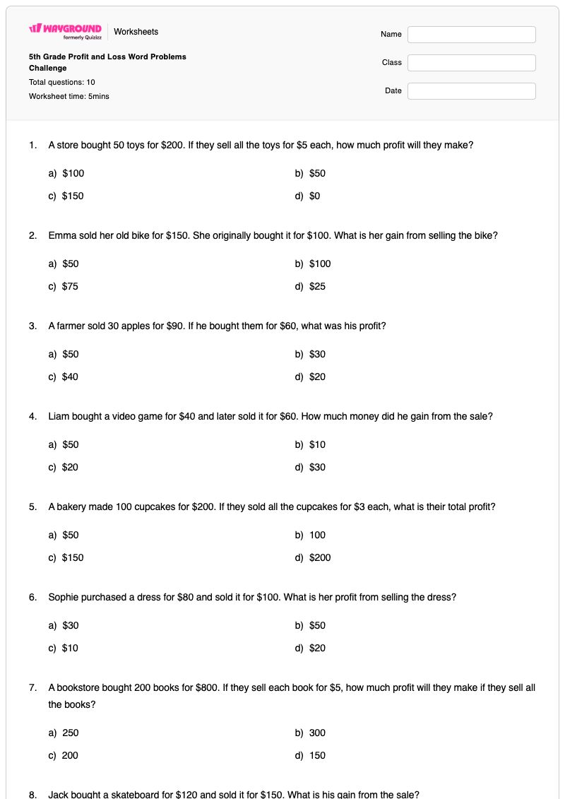5th Grade Profit and Loss Word Problems Challenge - Printable Profit-and-loss Worksheets - Wayground