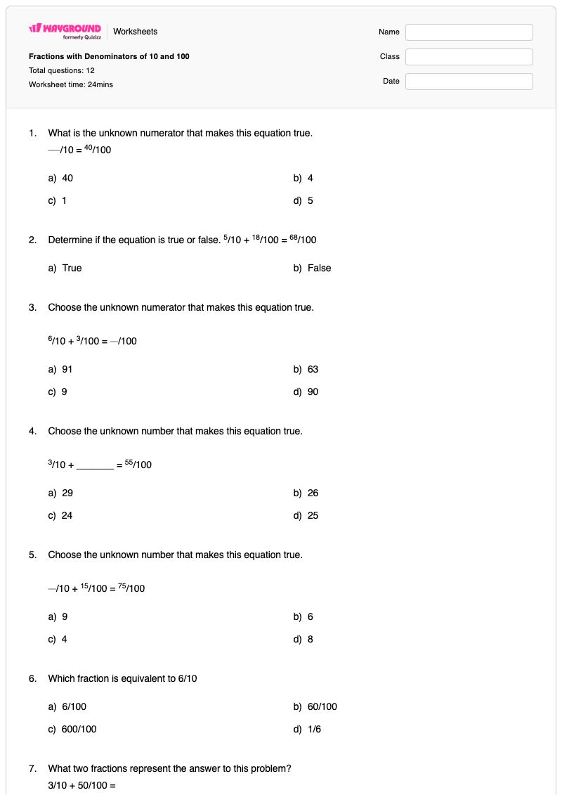 Fractions with Denominators of 10 and 100 - Printable Partners-for-10 Worksheets Kindergarten - Wayground