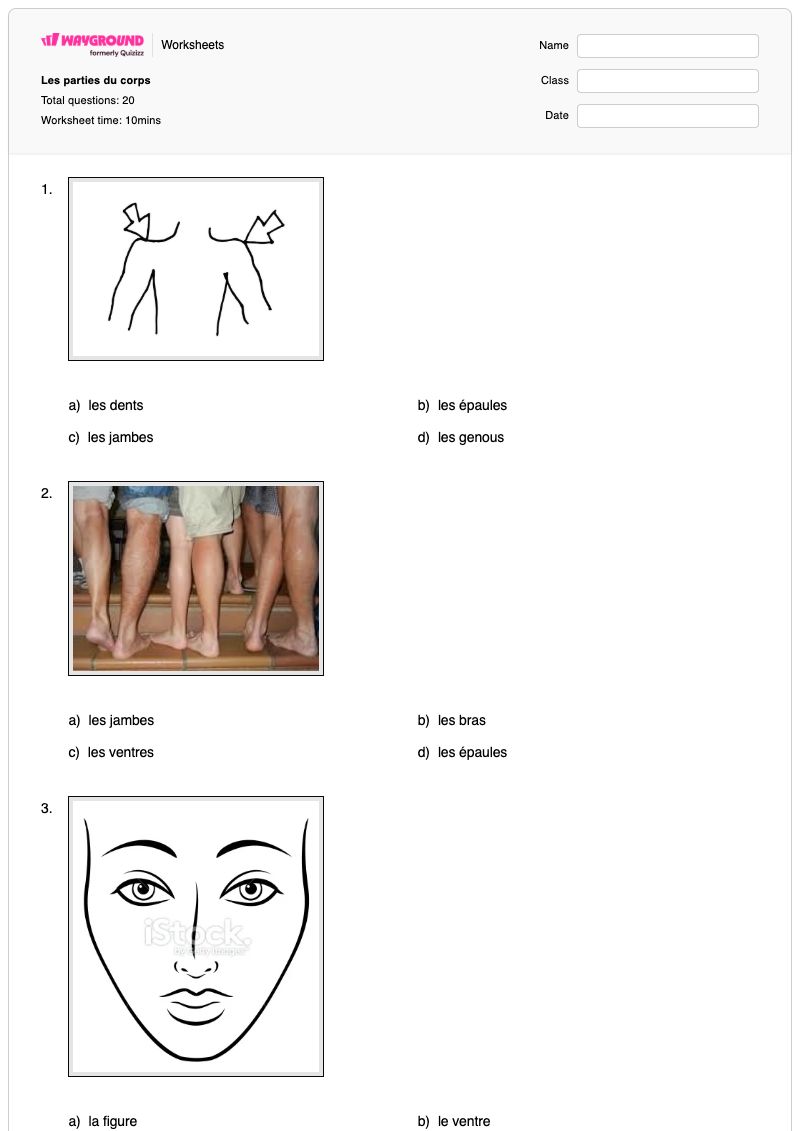 Les parties du corps - Printable Body-parts Worksheets Kindergarten - Wayground