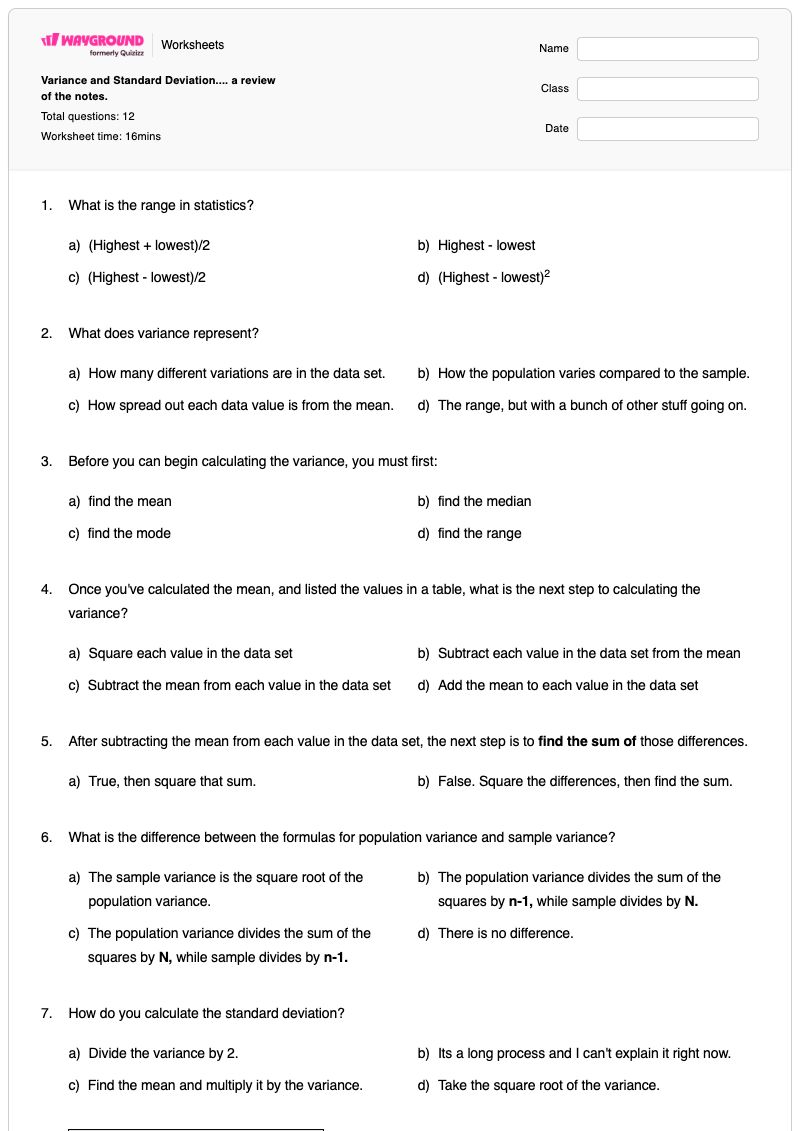 Variance and Standard Deviation.... a review of the notes. - Nadający się do druku Zmienność Karty-pracy Klasa 11 - Wayground
