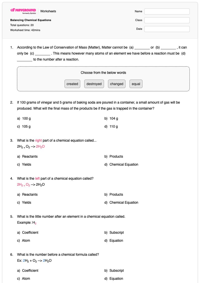 Balancing Chemical Equations - พิมพ์ได้ Equation-balancing เวิร์กชีท - Wayground