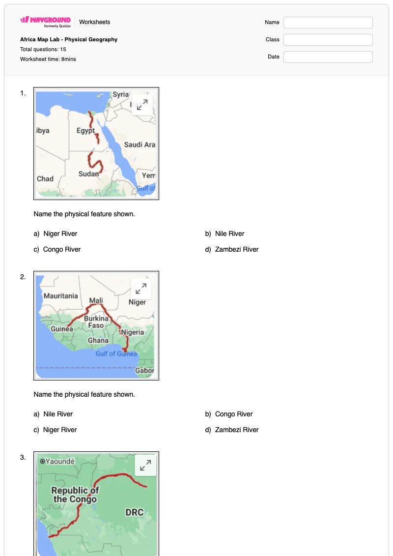 Africa Map Lab - Physical Geography - พิมพ์ได้ Physical-maps เวิร์กชีท - Wayground